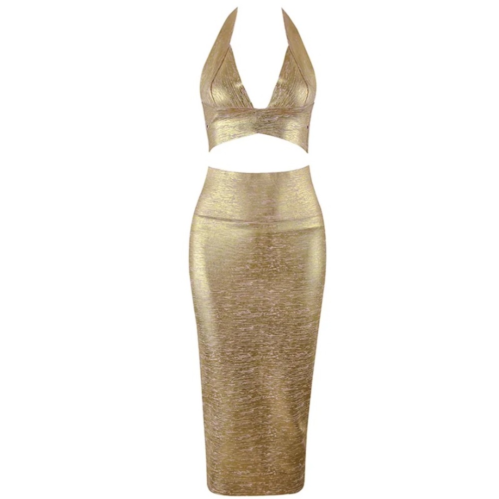 Bella Barnett Gold Two Piece Bodycon Set Halter Top & Midi Skirt Medium NWTS - Picture 5 of 12